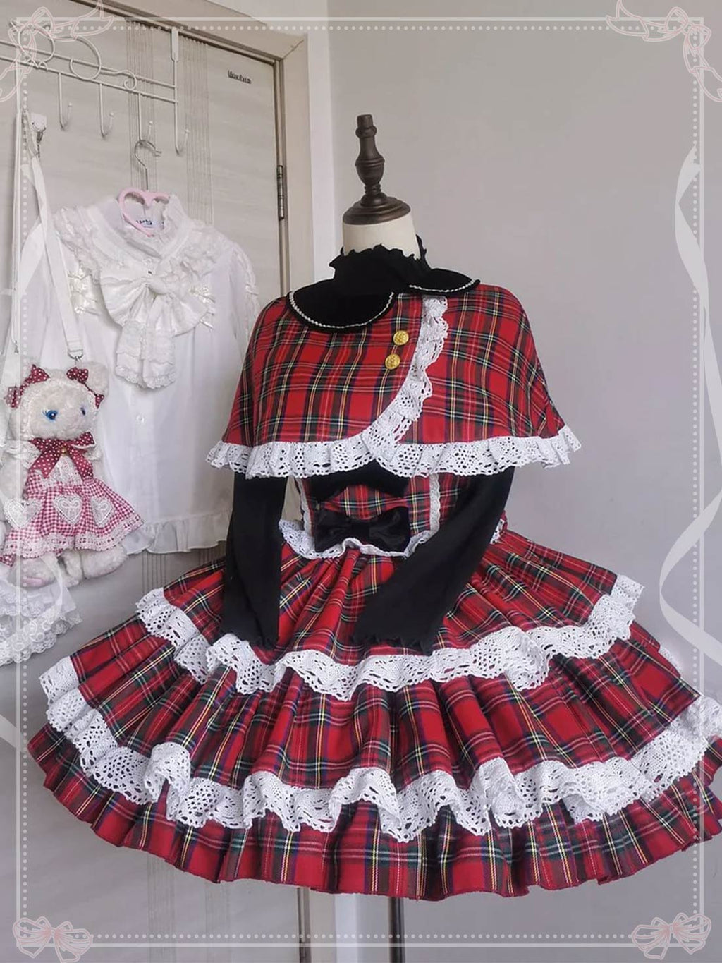 Red Christmas Plaid Dress with Cape