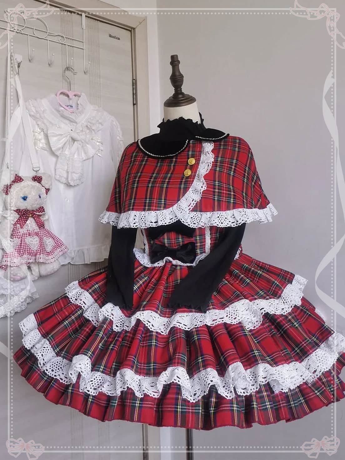 Red Christmas Plaid Dress with Cape