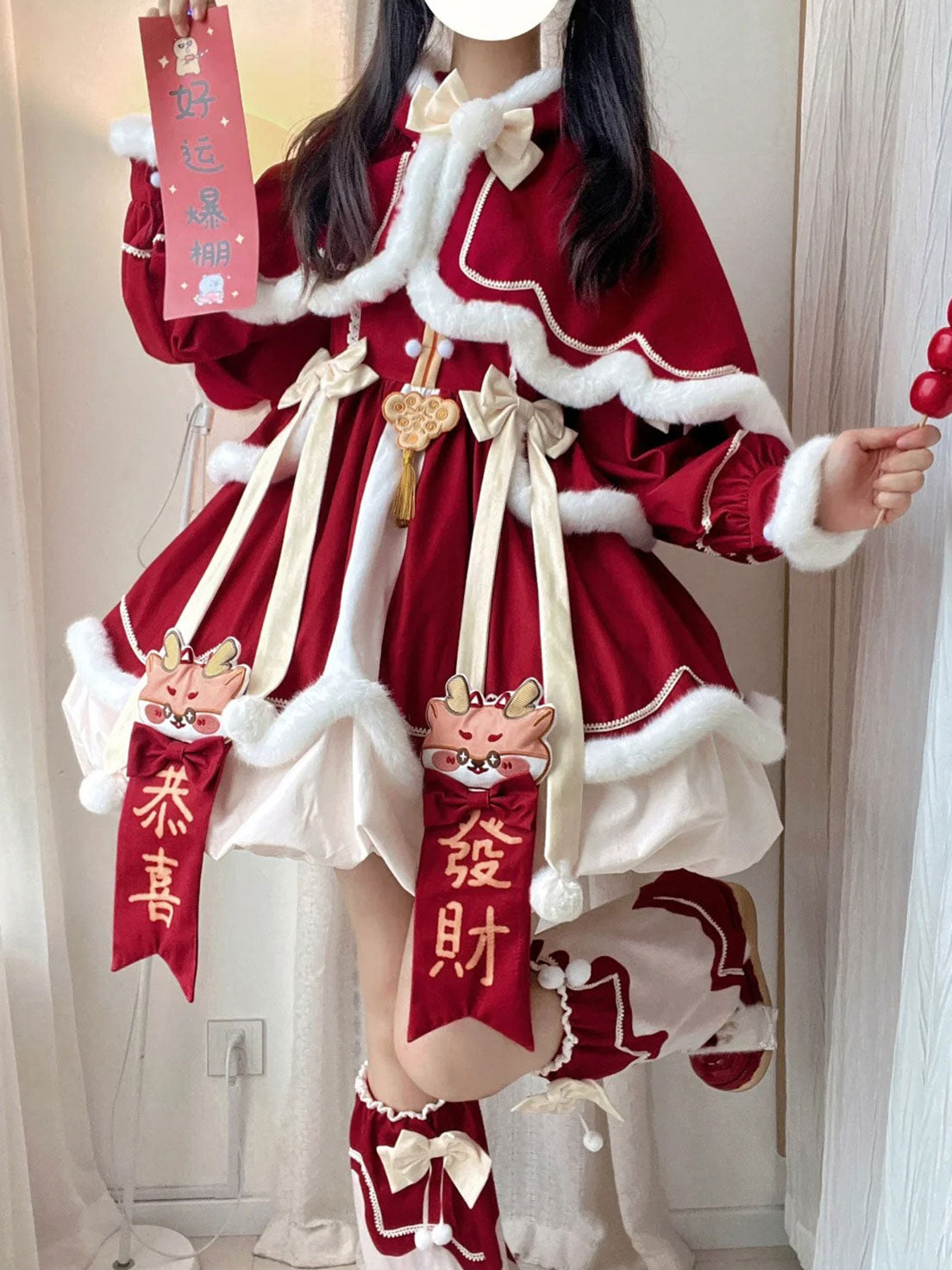 Sweet Lolita Red New Year Dress Chinese Style Winter Outfit for New Year