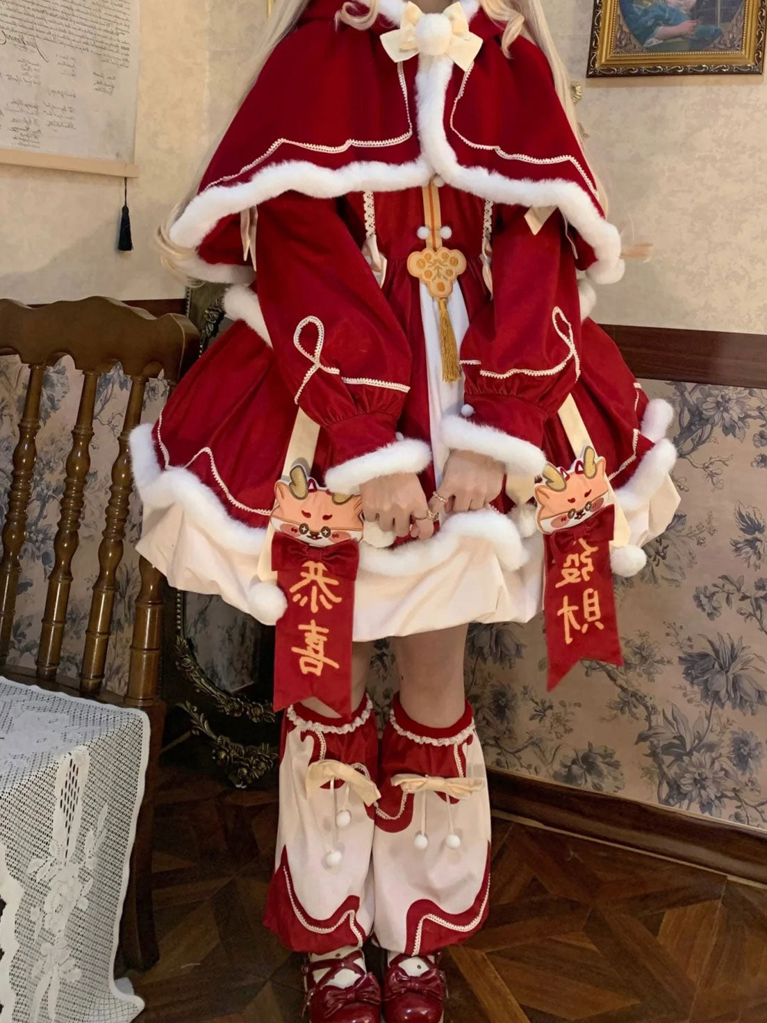 Sweet Lolita Red New Year Dress Chinese Style Winter Outfit for New Year
