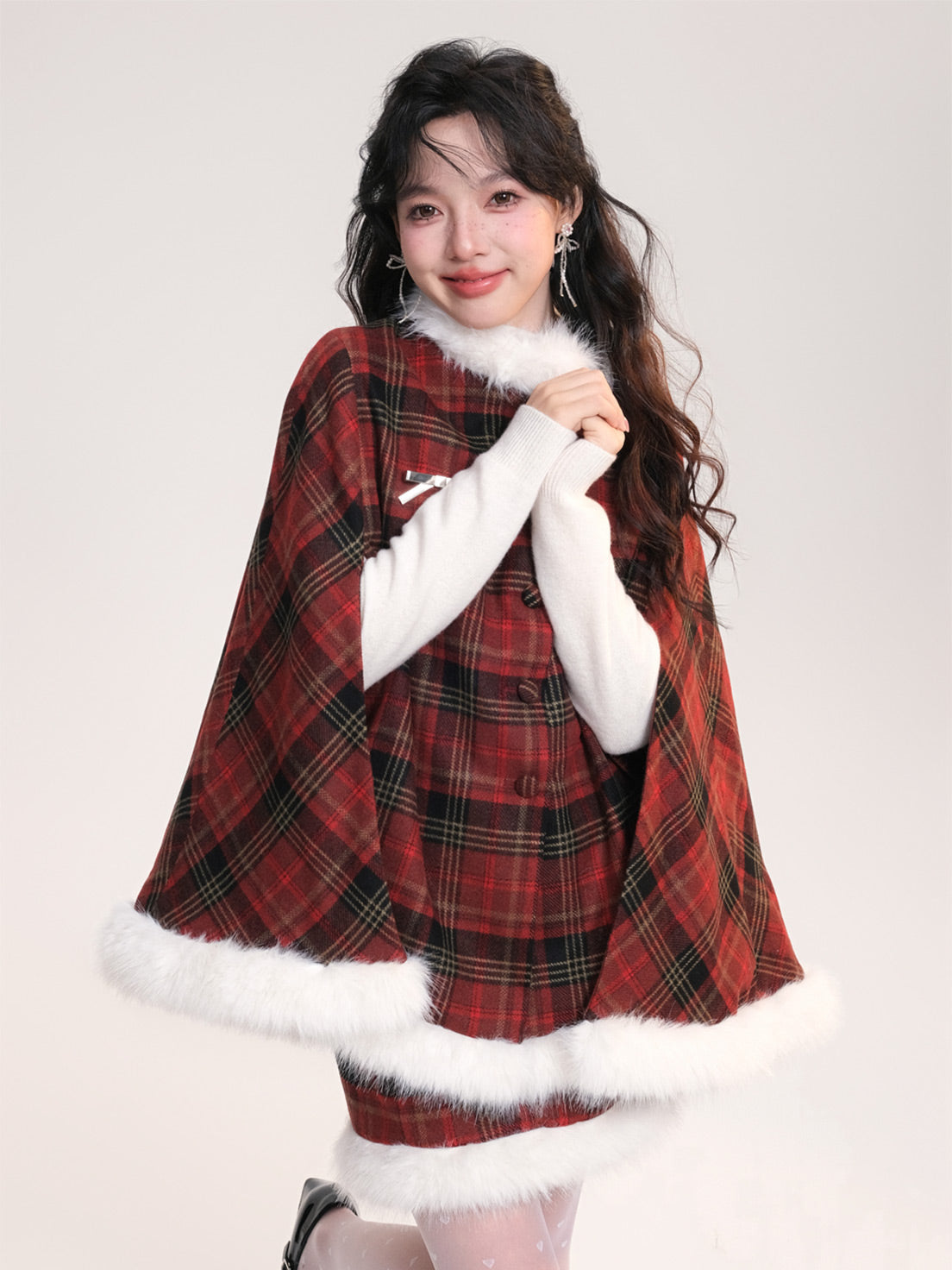 Lolita Coats Red Plaid Christmas Cape for Winter and New Year