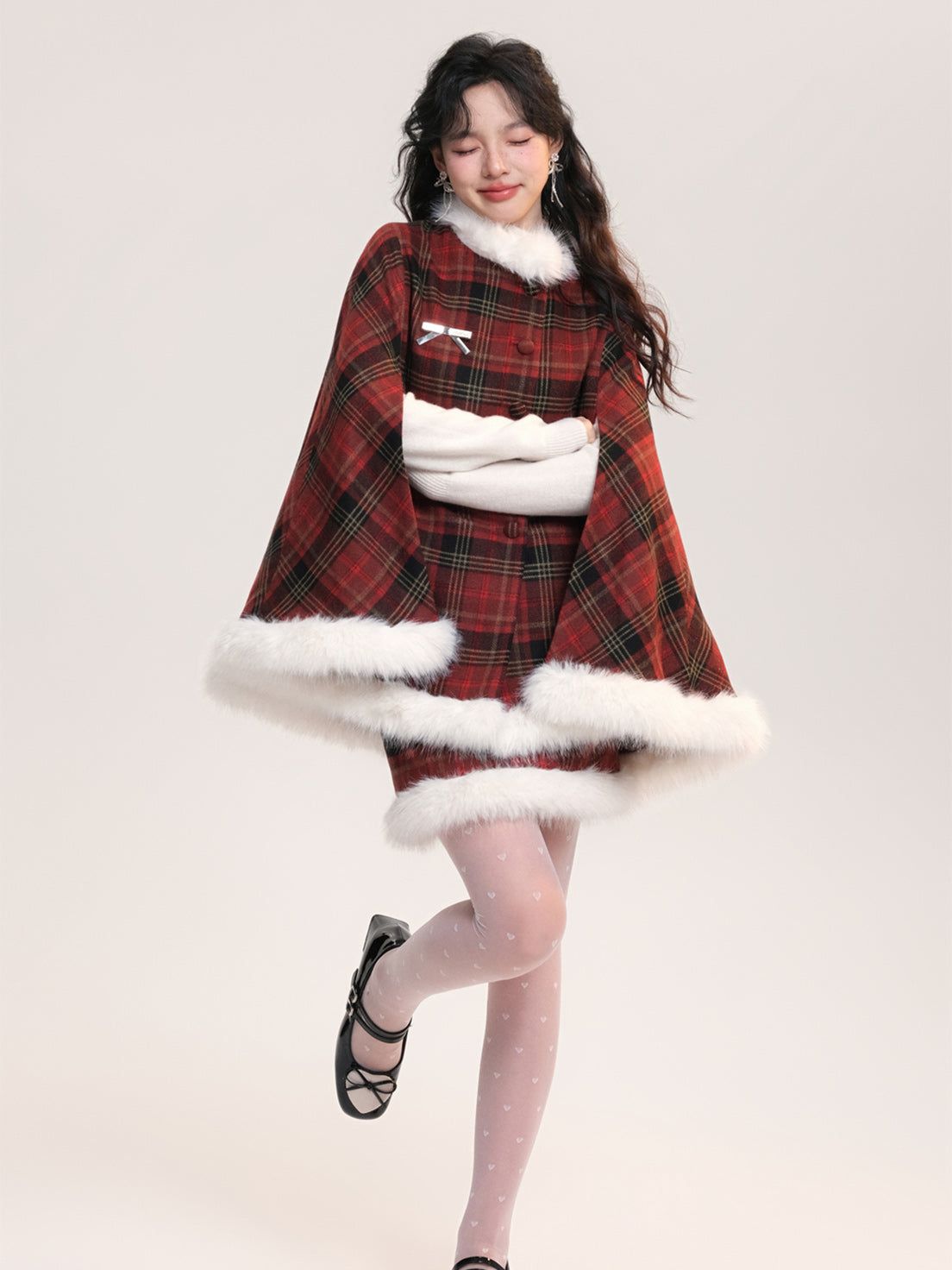 Lolita Coats Red Plaid Christmas Cape for Winter and New Year