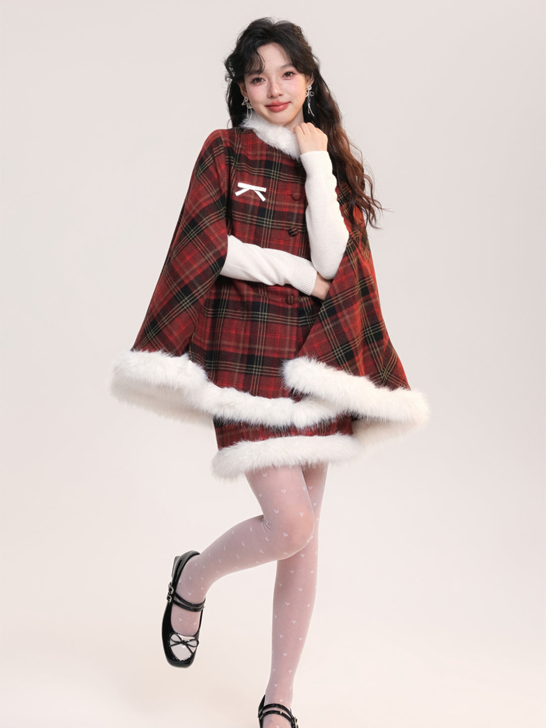 Lolita Coats Red Plaid Christmas Cape for Winter and New Year