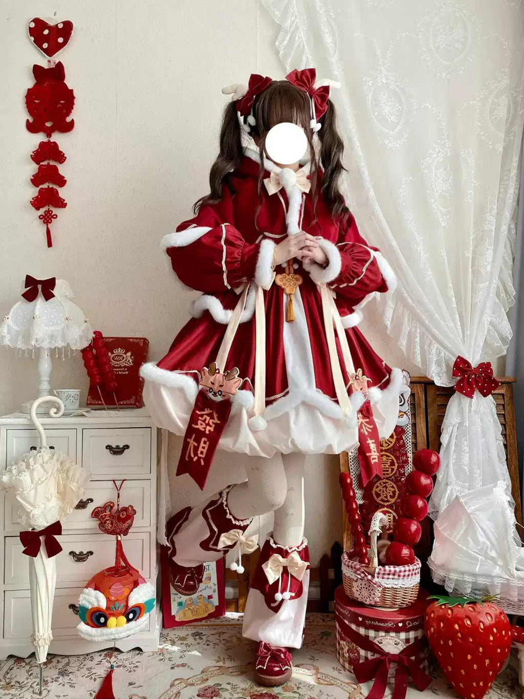 Sweet Lolita Red New Year Dress Chinese Style Winter Outfit for New Year