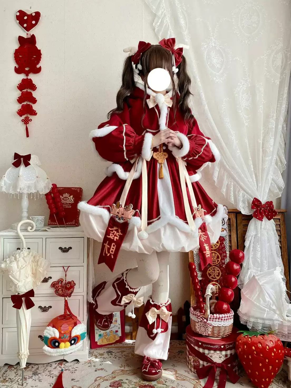 Sweet Lolita Red New Year Dress Chinese Style Winter Outfit for New Year