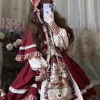 Sweet Lolita Red OP Dress Furry Trim Christmas New Year Winter Outfit