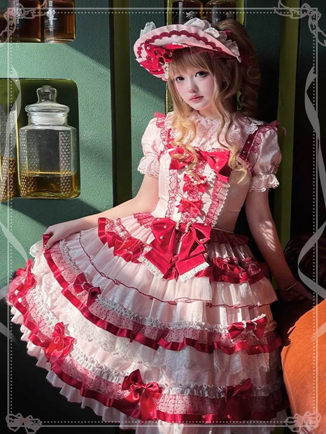 Sweet Lolita Red Ribbon Berries Sleeveless Multi-layer Ruffle Bow Lace Sweet Lolita JSK Dress