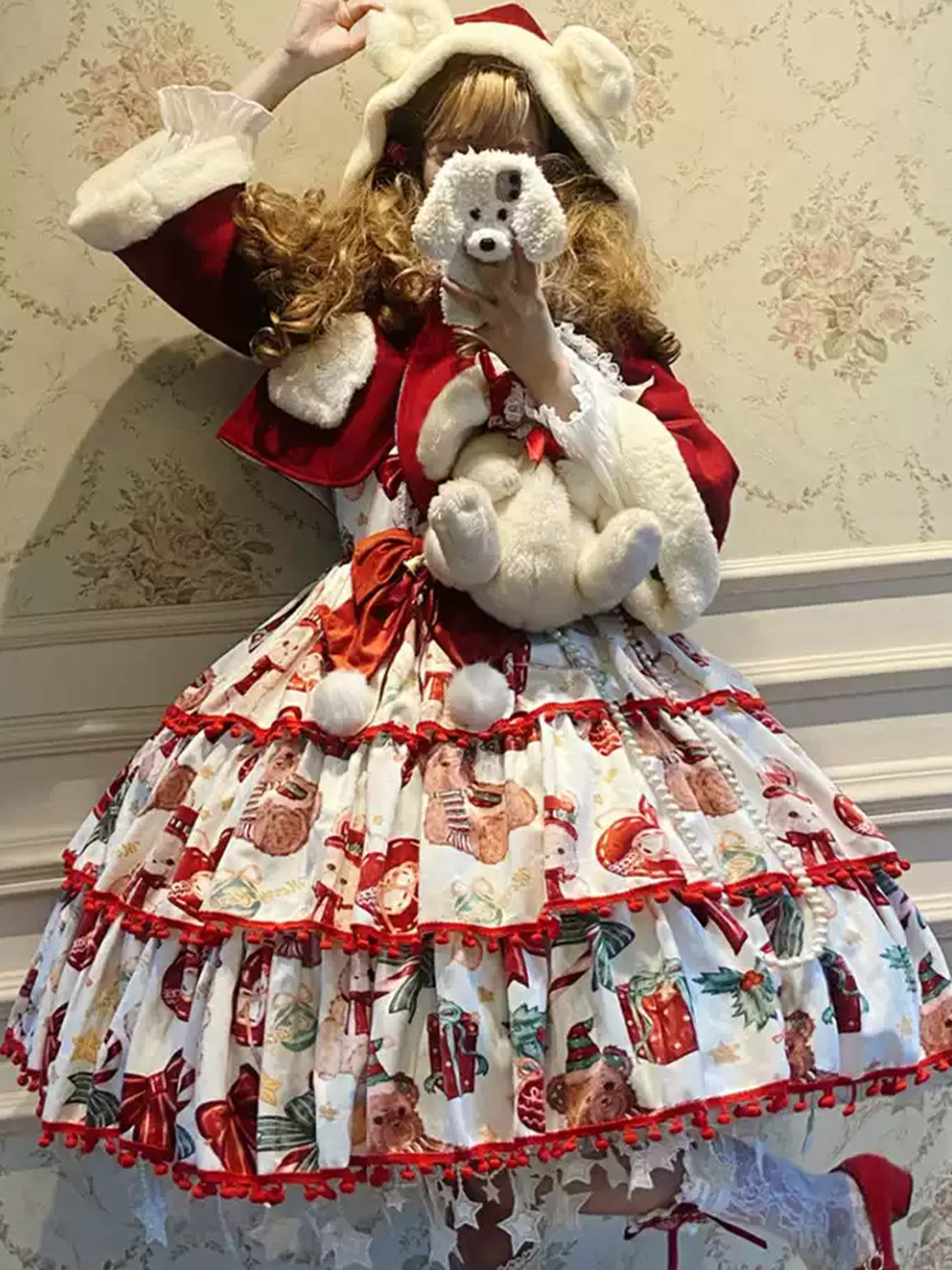 Sweet Lolita Red Velvet Tiered JSK Dress for Christmas