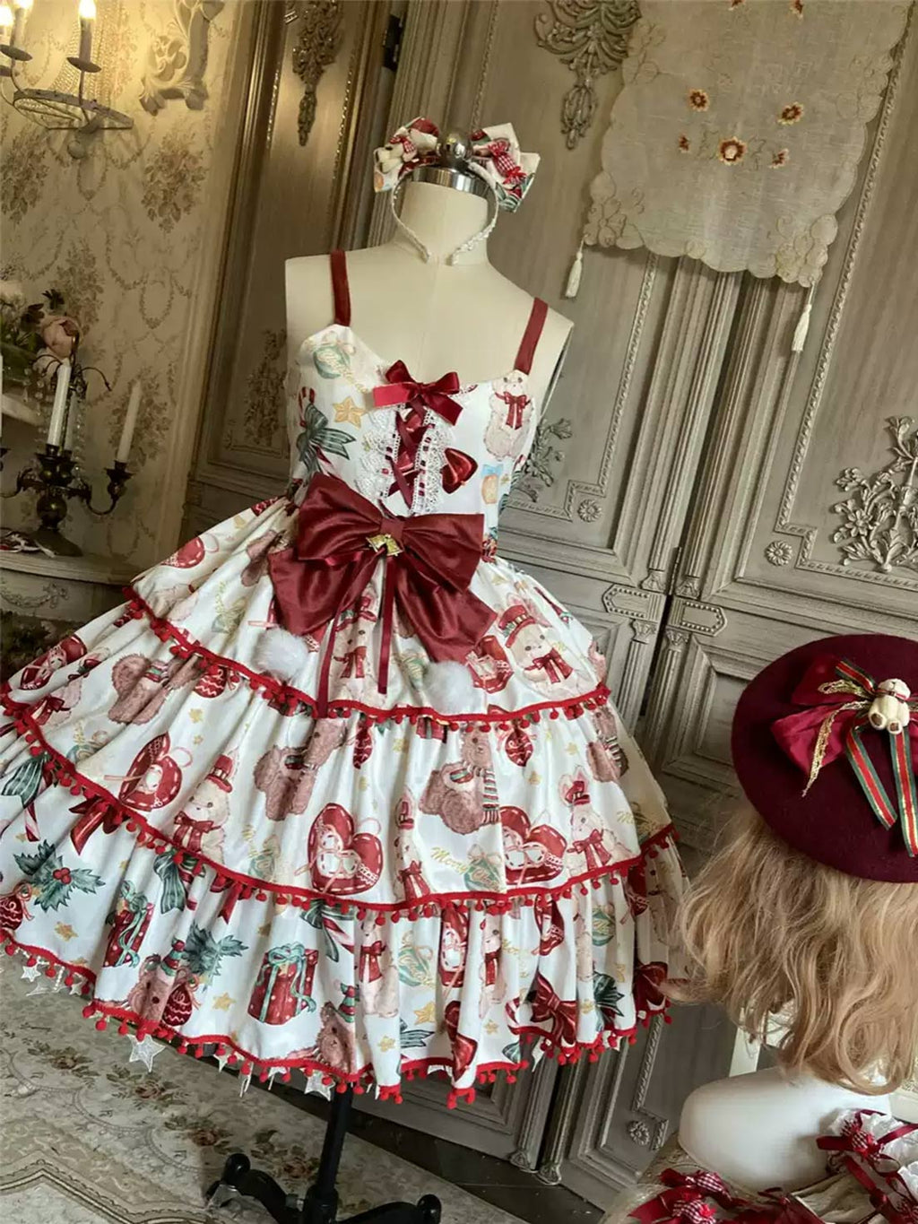Sweet Lolita Red Velvet Tiered JSK Dress for Christmas