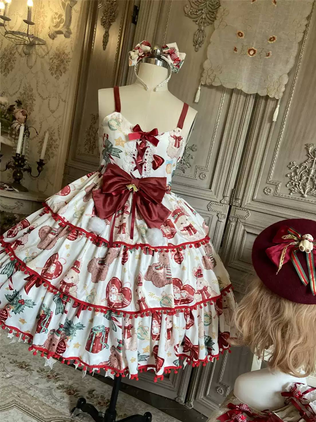 Sweet Lolita Red Velvet Tiered JSK Dress for Christmas