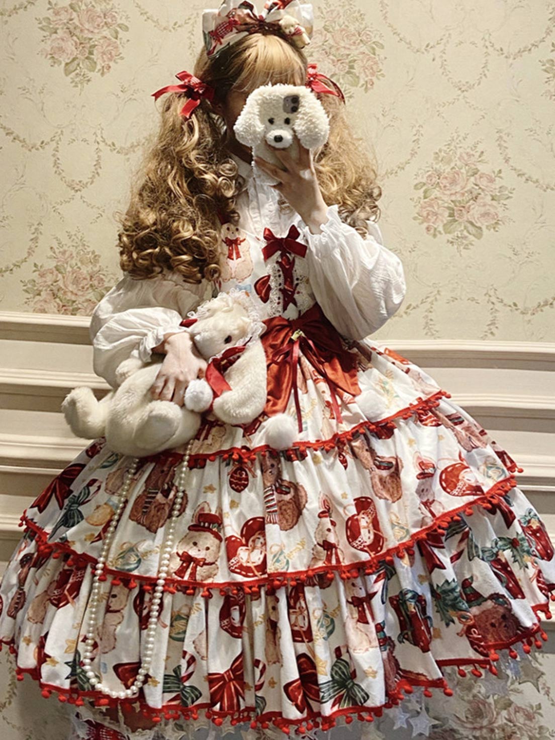 Sweet Lolita Red Velvet Tiered JSK Dress for Christmas