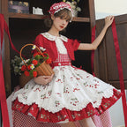 Sweet Lolita Red White Idyllic Strawberry Print Dress One Piece Dress Shortsleeve