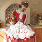 Sweet Lolita Red White Idyllic Strawberry Print Dress One Piece Dress Shortsleeve