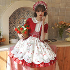 Sweet Lolita Red White Idyllic Strawberry Print Dress One Piece Dress Shortsleeve
