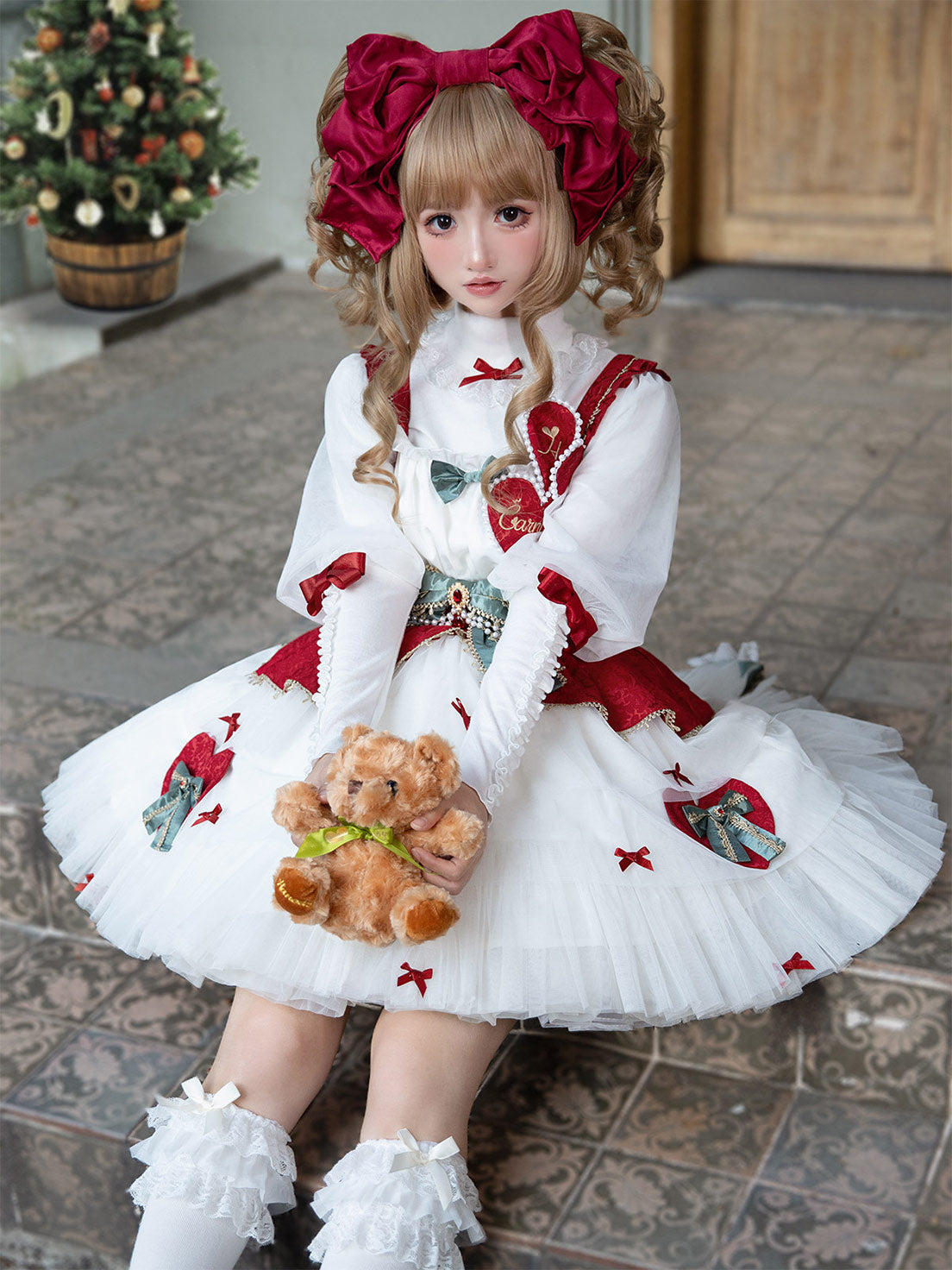 Sweet Lolita Red White JSK Dress with Lantern Sleeve Blouse for Christmas and New Year
