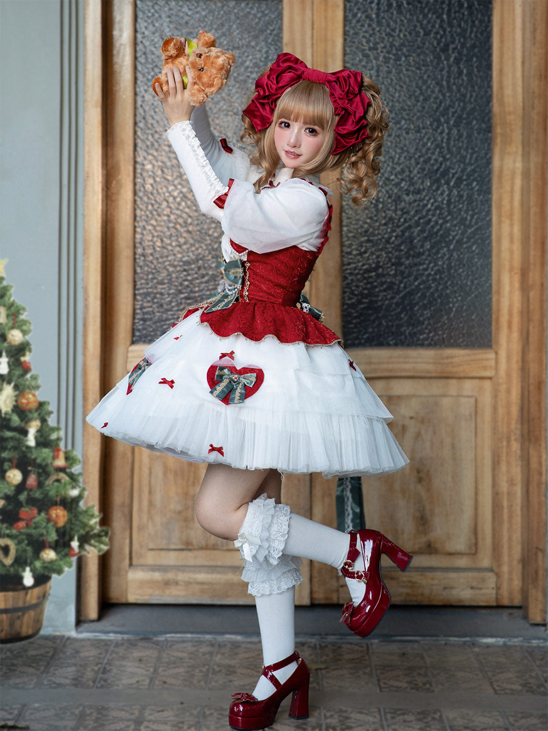 Sweet Lolita Red White JSK Dress with Lantern Sleeve Blouse for Christmas and New Year