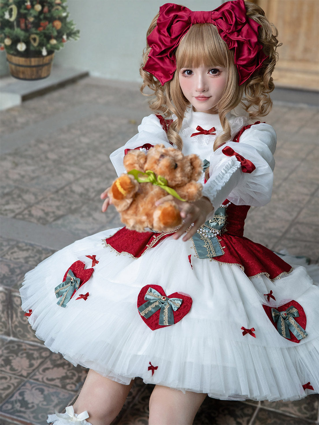 Sweet Lolita Red White JSK Dress with Lantern Sleeve Blouse for Christmas and New Year
