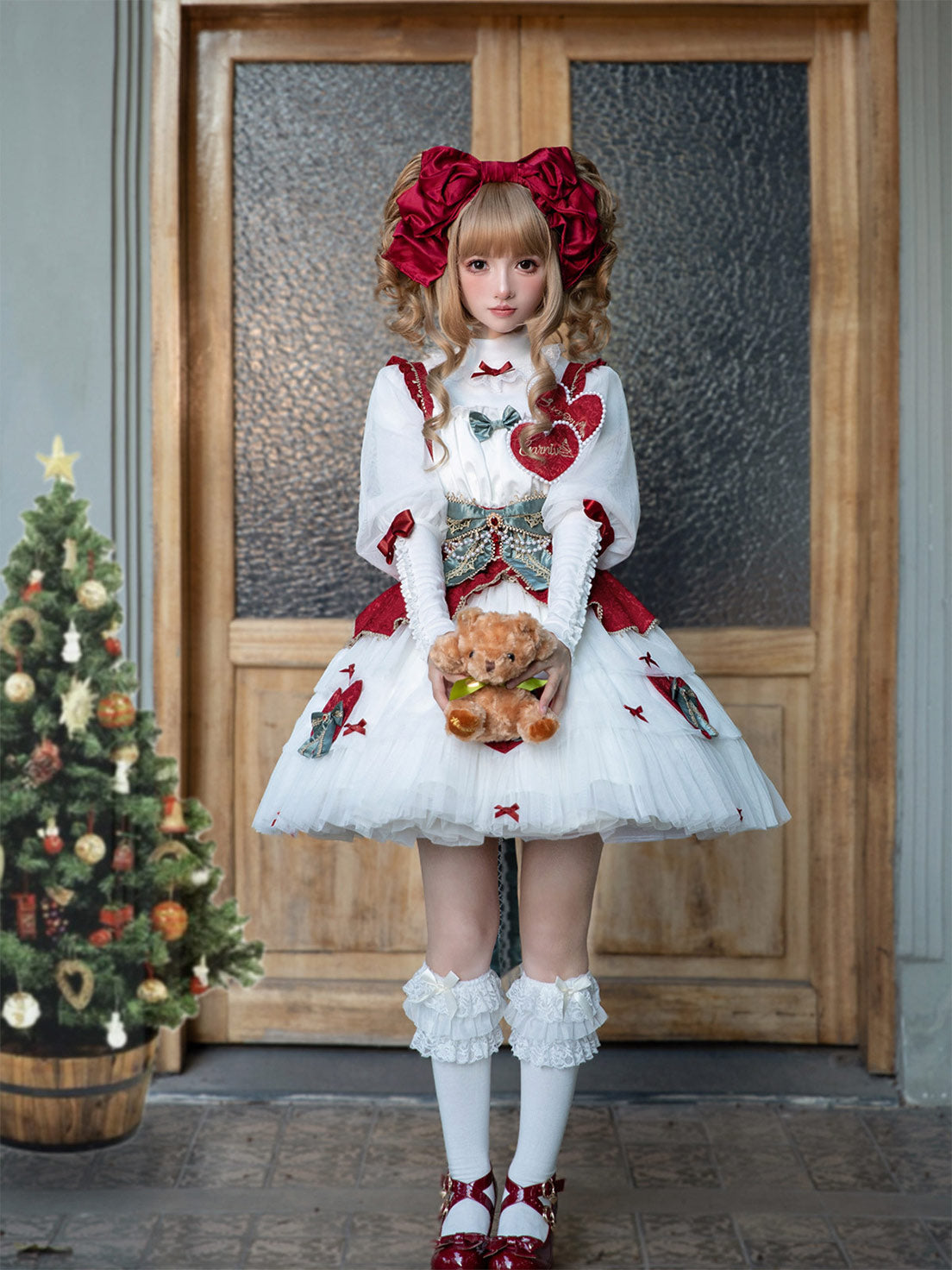 Sweet Lolita Red White JSK Dress with Lantern Sleeve Blouse for Christmas and New Year