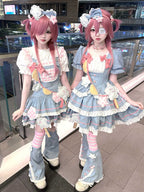 Sweet Lolita Ruffles Denim Patchwork Jumpsuit Cake Dress Summer