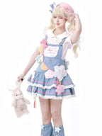 Sweet Lolita Ruffles Denim Patchwork Jumpsuit Cake Dress Summer