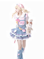 Sweet Lolita Ruffles Denim Patchwork Jumpsuit Cake Dress Summer
