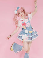 Sweet Lolita Ruffles Denim Patchwork Jumpsuit Cake Dress Summer