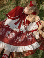 Sweet Lolita Set Red OP Dress with Strawberry Bow Accents Christmas Party Outfit