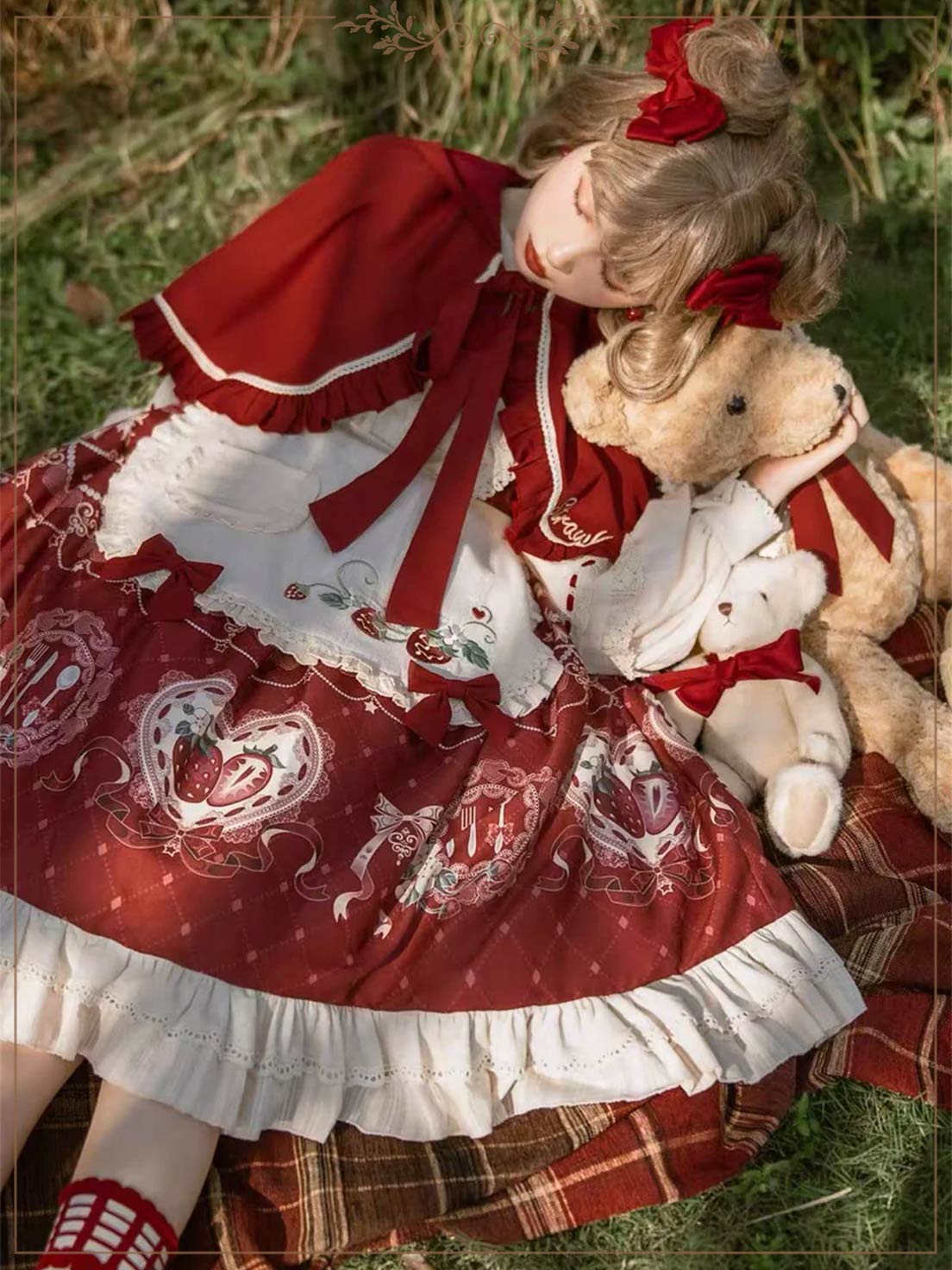 Sweet Lolita Set Red OP Dress with Strawberry Bow Accents Christmas Party Outfit