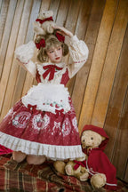 Sweet Lolita Set Red OP Dress with Strawberry Bow Accents Christmas Party Outfit