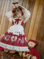 Sweet Lolita Set Red OP Dress with Strawberry Bow Accents Christmas Party Outfit