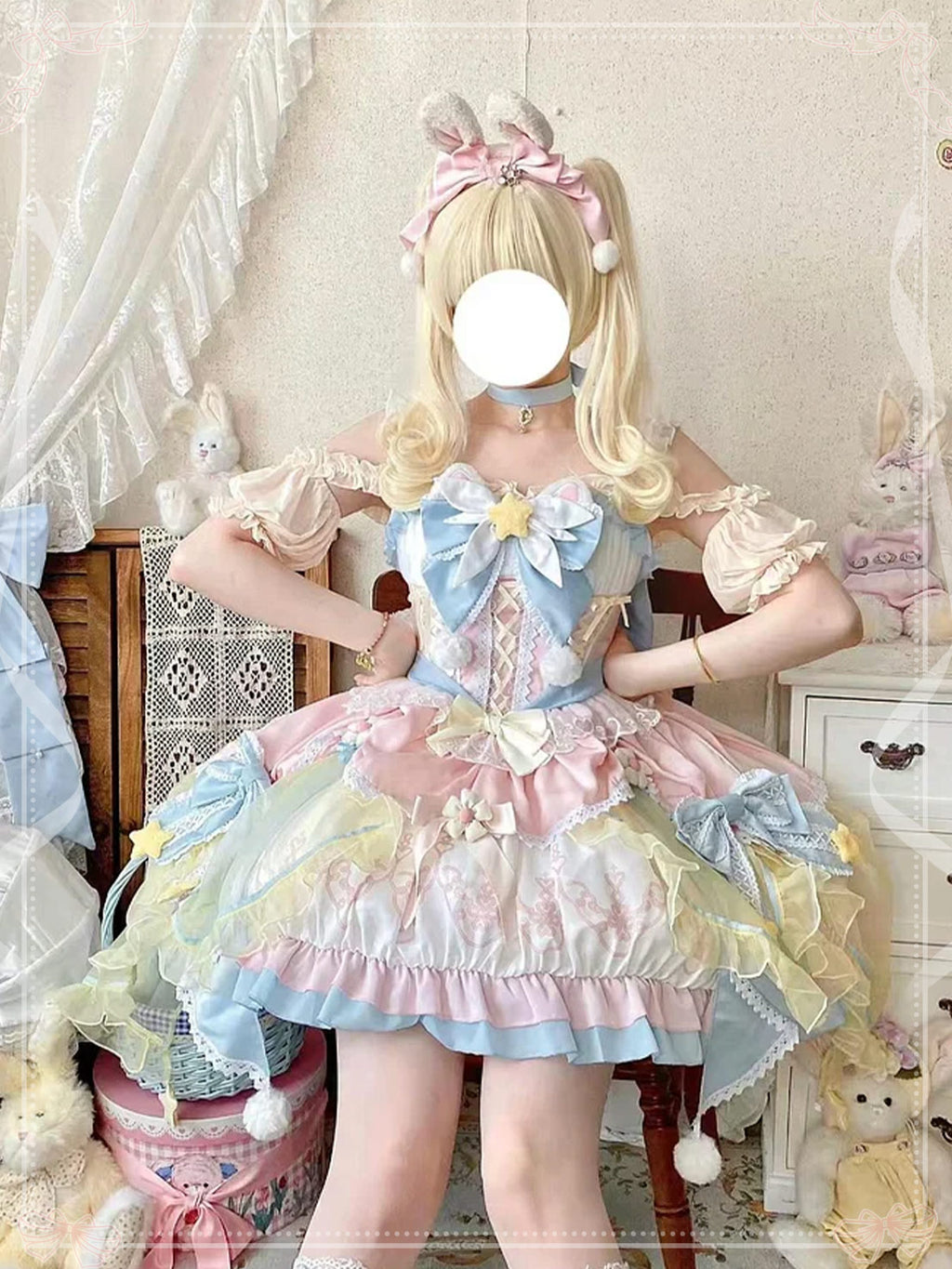 Sweet Lolita Soft Girl Cute Girl Pink and Blue Flower Princess Dress Spring Summer for Christmas