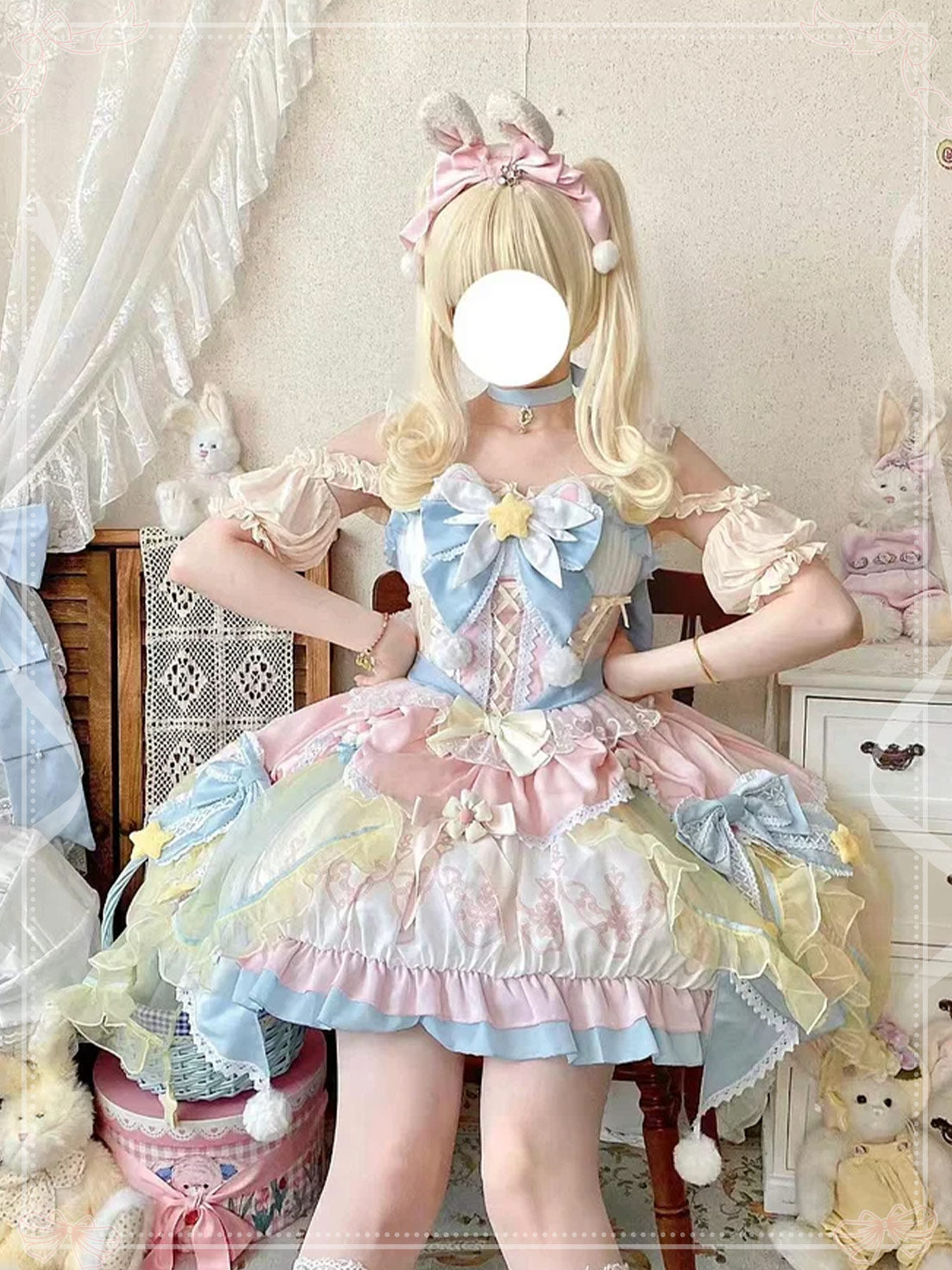 Sweet Lolita Soft Girl Cute Girl Pink and Blue Flower Princess Dress Spring Summer for Christmas