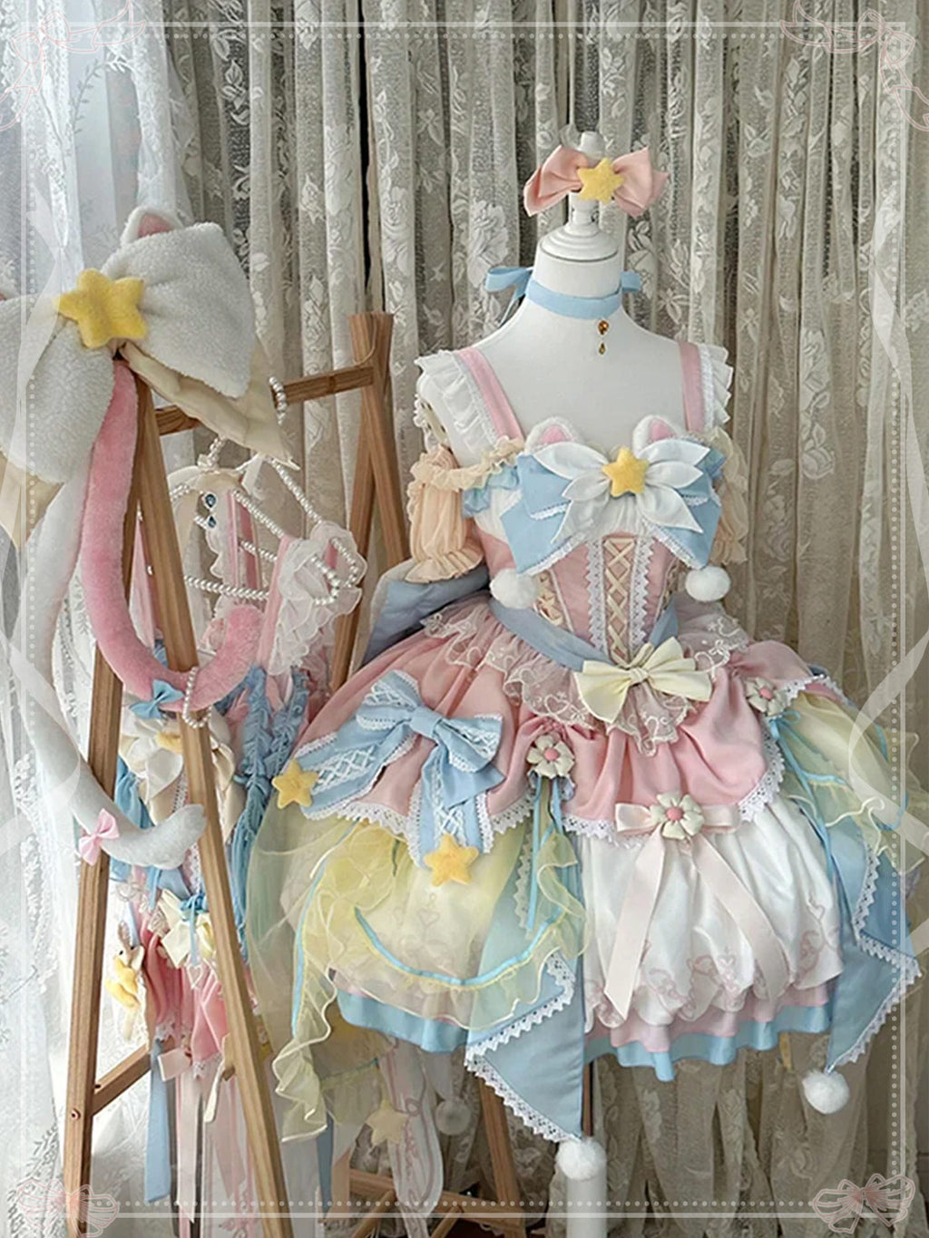 Sweet Lolita Soft Girl Cute Girl Pink and Blue Flower Princess Dress Spring Summer for Christmas