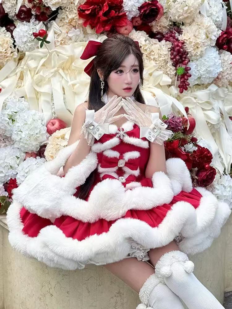 Sweet Lolita Strapless Dress Red Princess Holiday Christmas New Year Party Outfit