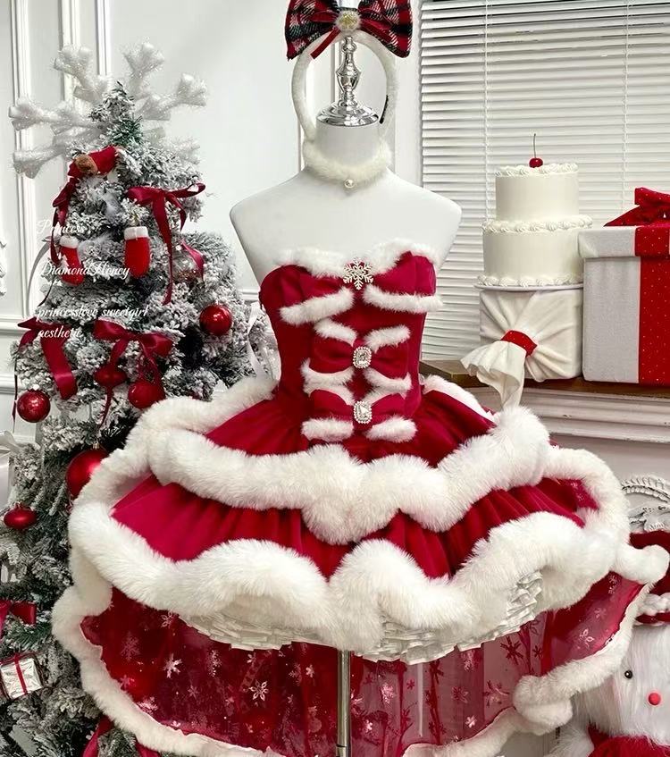 Sweet Lolita Strapless Dress Red Princess Holiday Christmas New Year Party Outfit