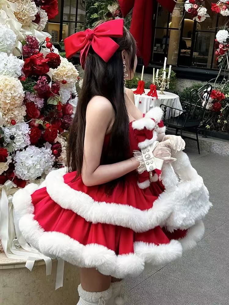 Sweet Lolita Strapless Dress Red Princess Holiday Christmas New Year Party Outfit