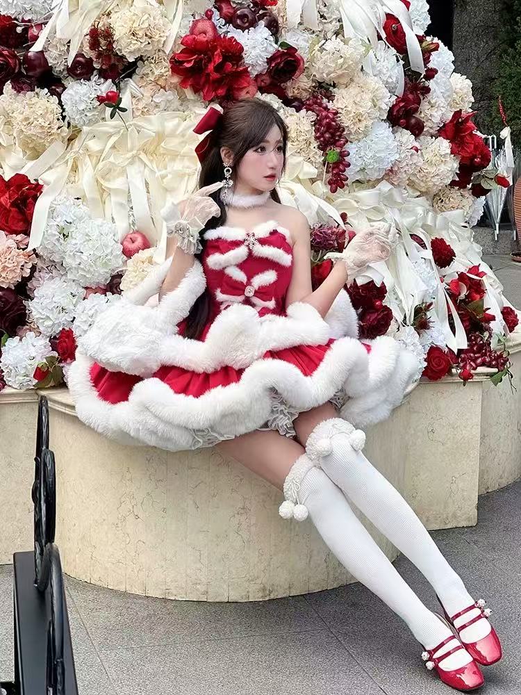 Sweet Lolita Strapless Dress Red Princess Holiday Christmas New Year Party Outfit