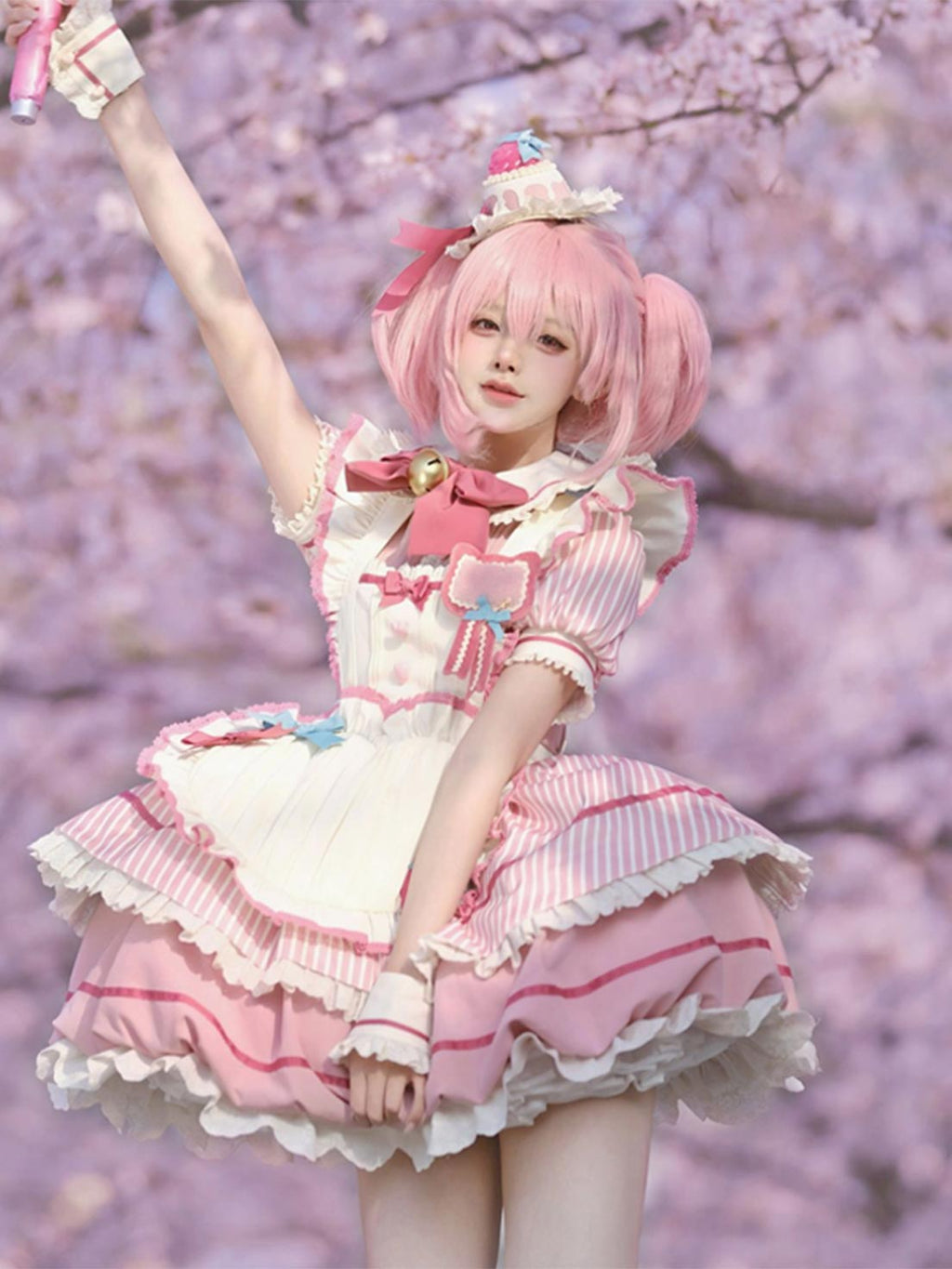 Sweet Lolita Striped Bow Soft Toned Dress Ruffle Pink Cake Dress