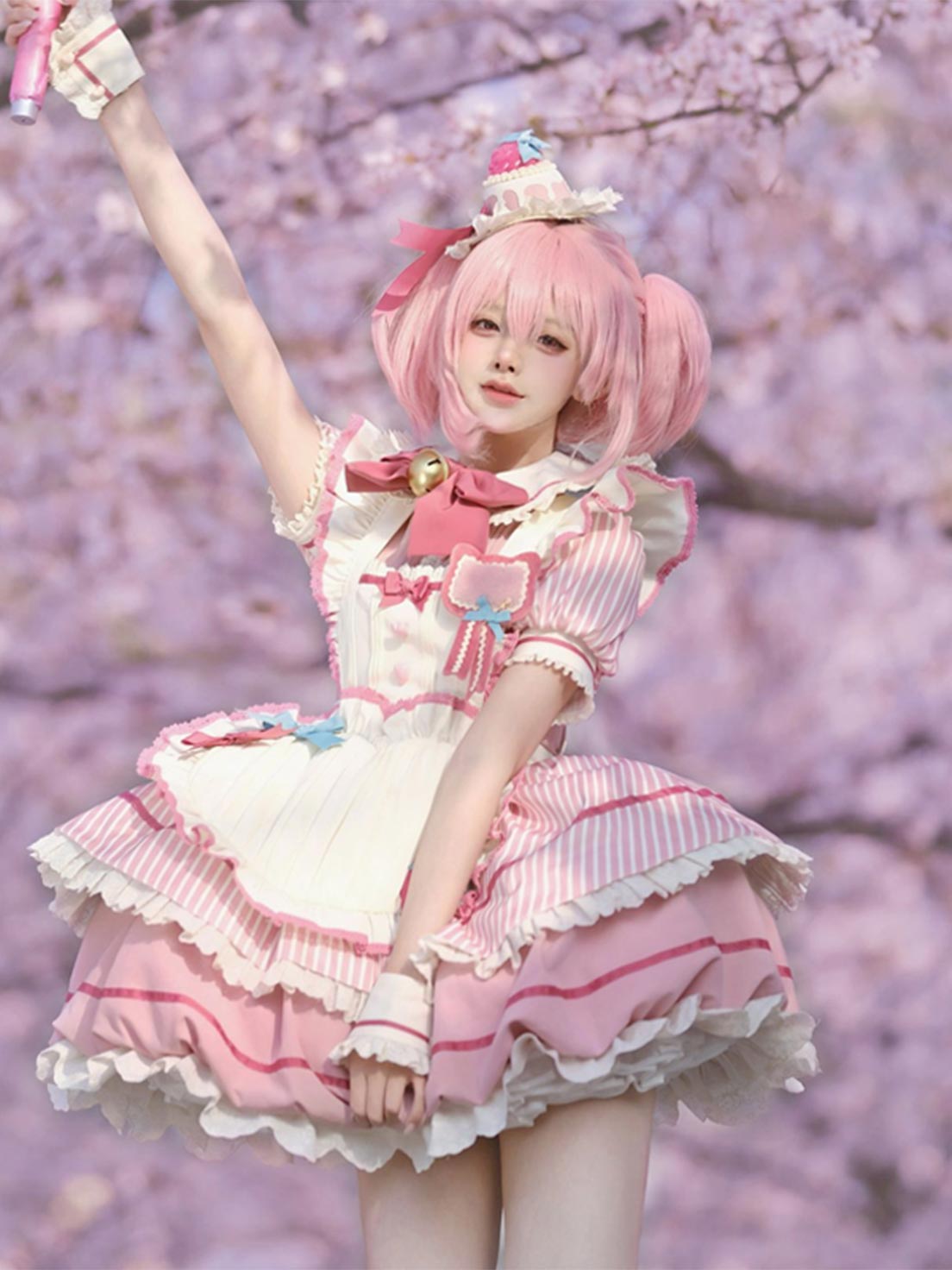 Sweet Lolita Striped Bow Soft Toned Dress Ruffle Pink Cake Dress