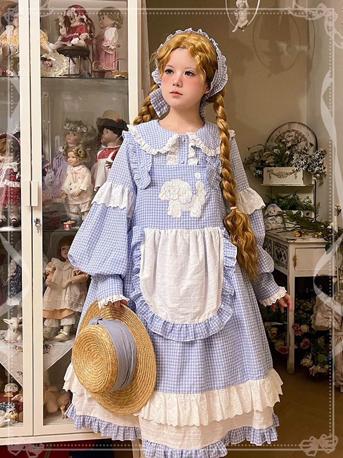 Sweet Lolita Suspender Dress Blue Pink Plaid Dog Print Sleeveless A-line Dress