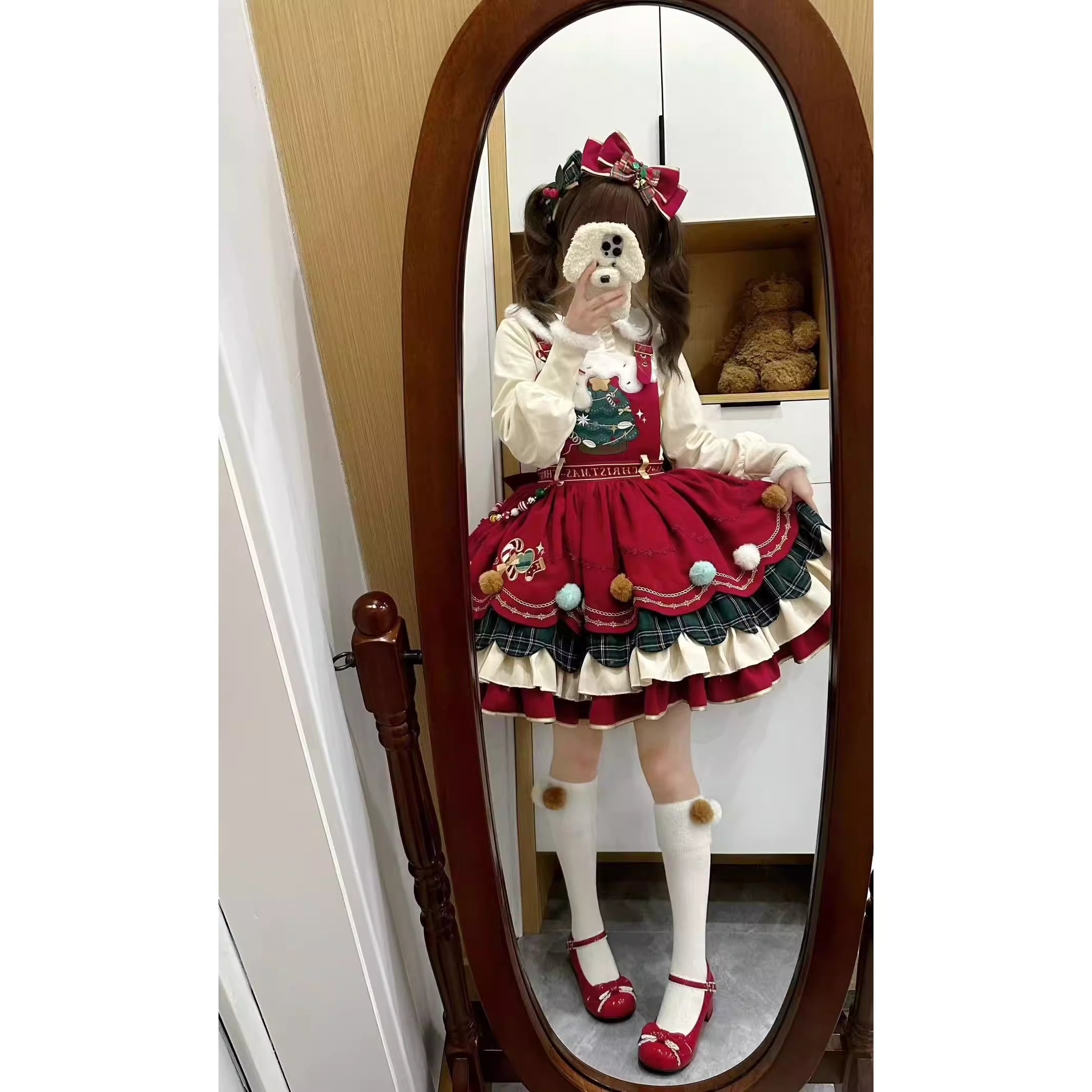 Design Concept:
Step into the festive season with this Sweet Lolita red suspender dress, inspired by a snowy woodland theme with charming reindeer motifs. Crafted from soft, high-quality fabric, the dress features a flattering high waist and a flared skirt, perfectly capturing a cute and playful winter aesthetic. Ideal for Christmas gatherings, tea parties, or seasonal Lolita events, this dress brings warmth and whimsy to your holiday wardrobe.