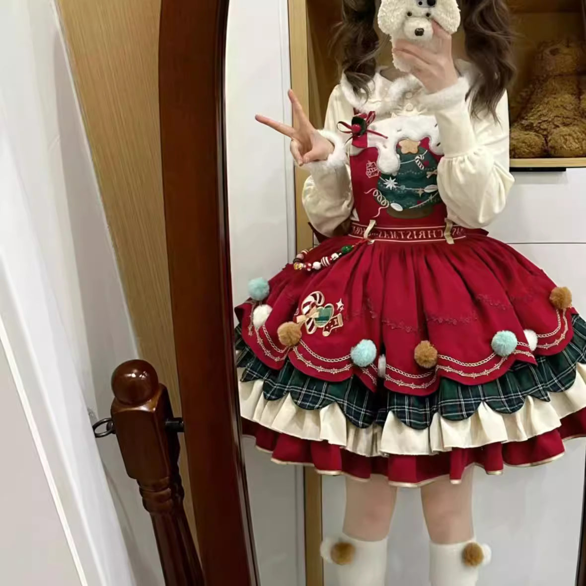 Design Concept:
Step into the festive season with this Sweet Lolita red suspender dress, inspired by a snowy woodland theme with charming reindeer motifs. Crafted from soft, high-quality fabric, the dress features a flattering high waist and a flared skirt, perfectly capturing a cute and playful winter aesthetic. Ideal for Christmas gatherings, tea parties, or seasonal Lolita events, this dress brings warmth and whimsy to your holiday wardrobe.