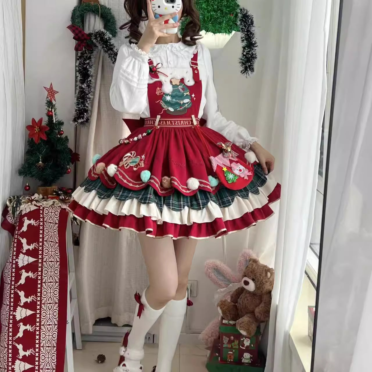 Design Concept:
Step into the festive season with this Sweet Lolita red suspender dress, inspired by a snowy woodland theme with charming reindeer motifs. Crafted from soft, high-quality fabric, the dress features a flattering high waist and a flared skirt, perfectly capturing a cute and playful winter aesthetic. Ideal for Christmas gatherings, tea parties, or seasonal Lolita events, this dress brings warmth and whimsy to your holiday wardrobe.