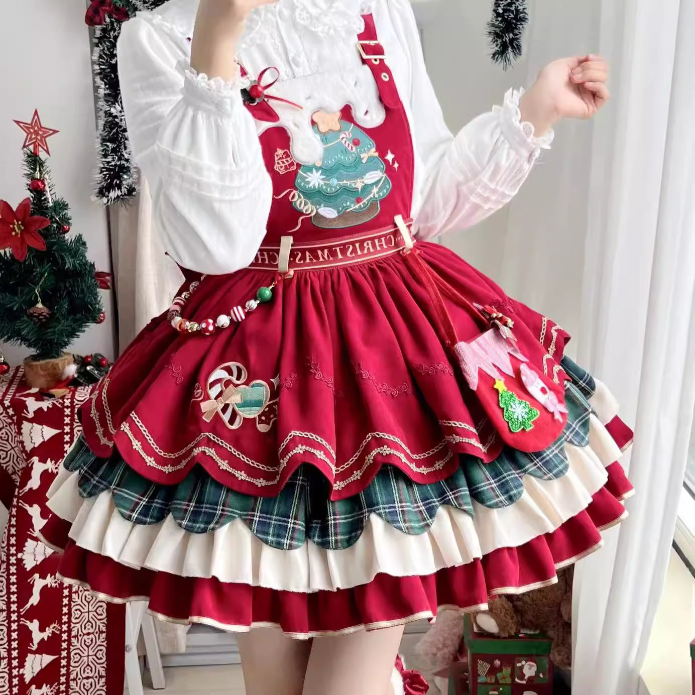 Design Concept:
Step into the festive season with this Sweet Lolita red suspender dress, inspired by a snowy woodland theme with charming reindeer motifs. Crafted from soft, high-quality fabric, the dress features a flattering high waist and a flared skirt, perfectly capturing a cute and playful winter aesthetic. Ideal for Christmas gatherings, tea parties, or seasonal Lolita events, this dress brings warmth and whimsy to your holiday wardrobe.