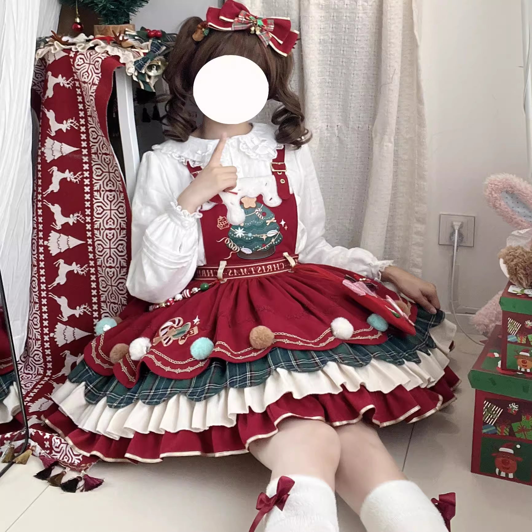 Design Concept:
Step into the festive season with this Sweet Lolita red suspender dress, inspired by a snowy woodland theme with charming reindeer motifs. Crafted from soft, high-quality fabric, the dress features a flattering high waist and a flared skirt, perfectly capturing a cute and playful winter aesthetic. Ideal for Christmas gatherings, tea parties, or seasonal Lolita events, this dress brings warmth and whimsy to your holiday wardrobe.