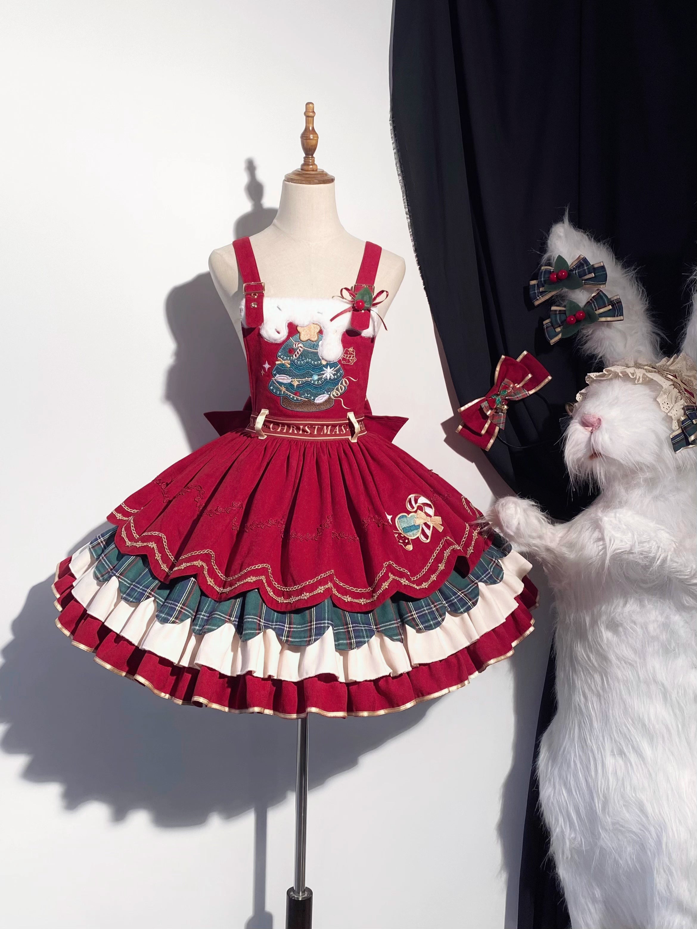 Design Concept:
Step into the festive season with this Sweet Lolita red suspender dress, inspired by a snowy woodland theme with charming reindeer motifs. Crafted from soft, high-quality fabric, the dress features a flattering high waist and a flared skirt, perfectly capturing a cute and playful winter aesthetic. Ideal for Christmas gatherings, tea parties, or seasonal Lolita events, this dress brings warmth and whimsy to your holiday wardrobe.