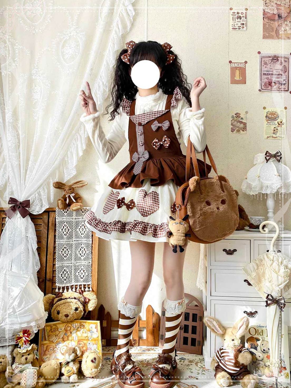Sweet Lolita Tea Party Fashion Gingham Chocolate Accent Bow Dress Cake Dress