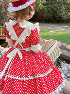 Sweet Lolita Tea Party Fashion Maid outfit Red Strawberry Bow Accented Polka Dot Apron Dress