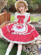 Sweet Lolita Tea Party Fashion Maid outfit Red Strawberry Bow Accented Polka Dot Apron Dress