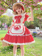 Sweet Lolita Tea Party Fashion Maid outfit Red Strawberry Bow Accented Polka Dot Apron Dress